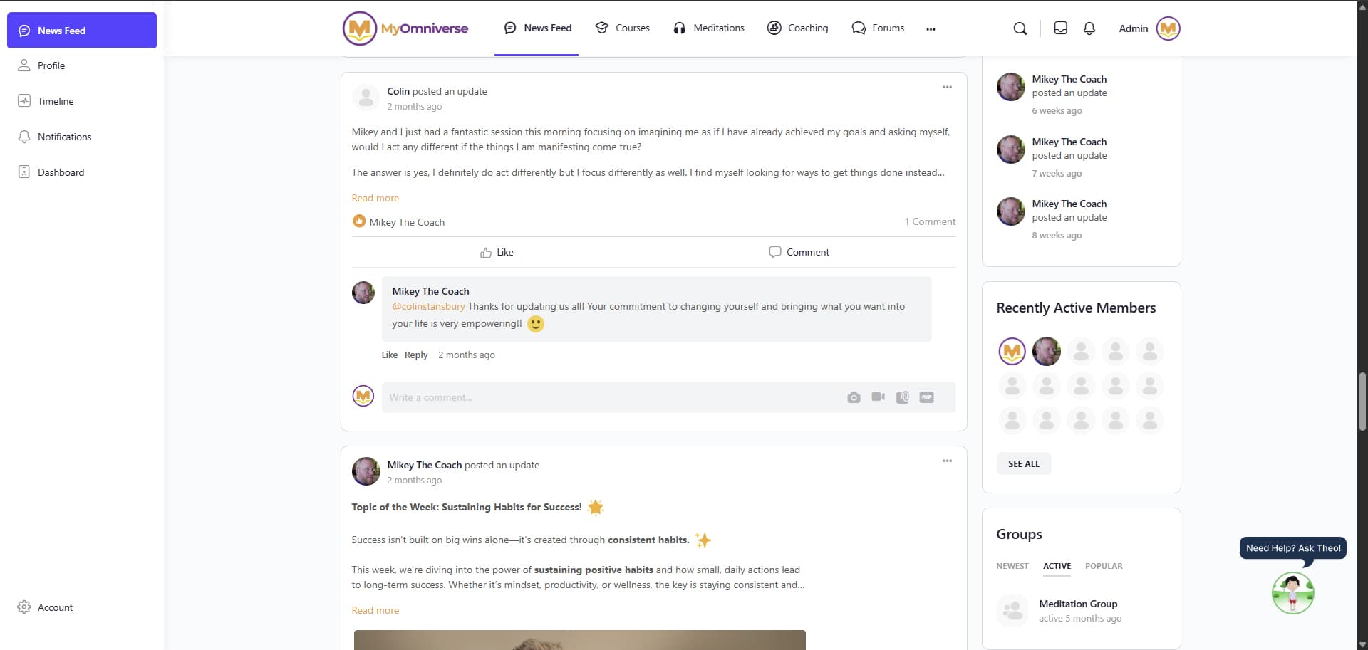 MyOmniverse desktop community feed with member posts and coach replies